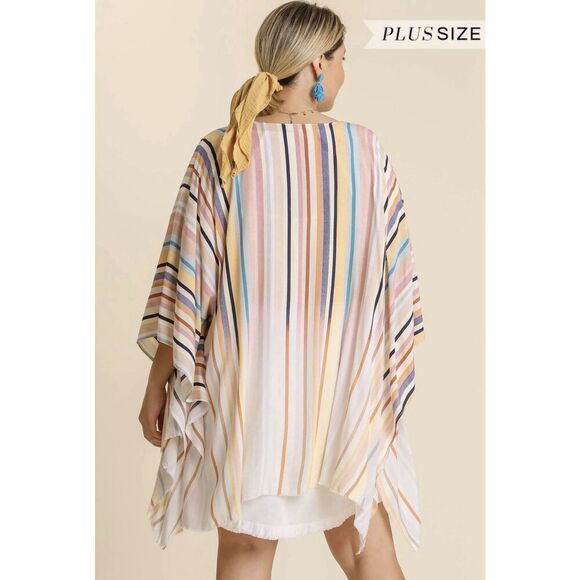 Umgee Plus Size Boho Multi Color  Stripe Raw Hem Kimono 1X-2X NWT - Picture 2 of 4